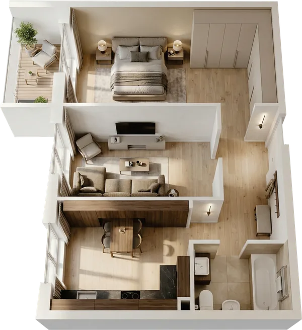 ЖК Nurli Makon в Нурафшане - 2-комнатная квартира 42,35 м², планировка