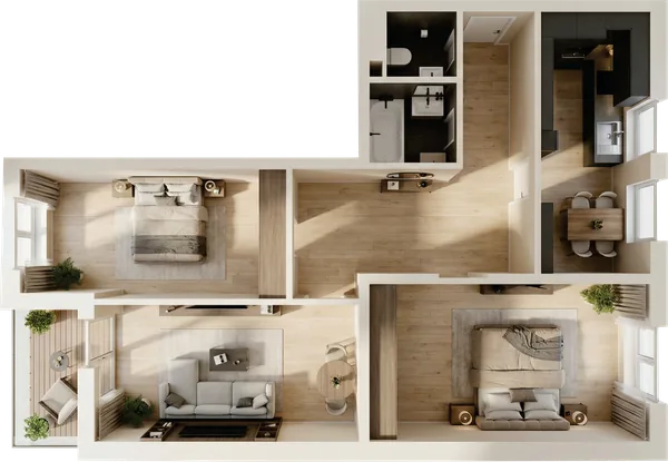 ЖК Nurli Makon в Нурафшане - 3-комнатная квартира 63,60 м², планировка