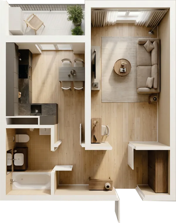ЖК Nurli Makon в Нурафшане - 1-комнатная квартира 33,75 м², планировка