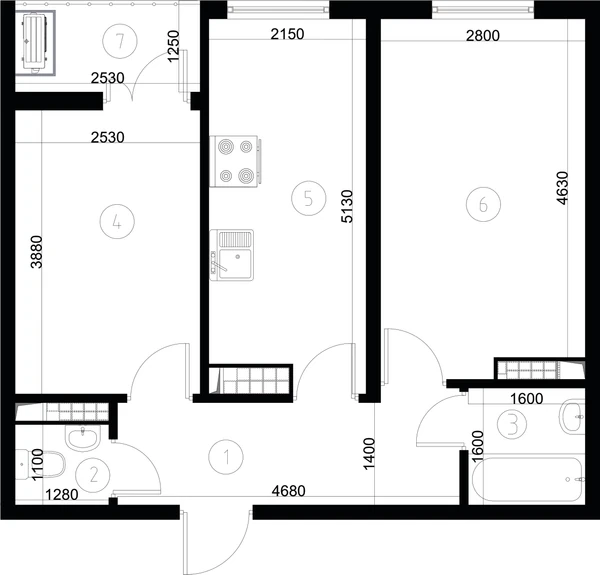 ЖК Nurli Makon в Нурафшане - 2-комнатная квартира 45,95 м², планировка, 2D