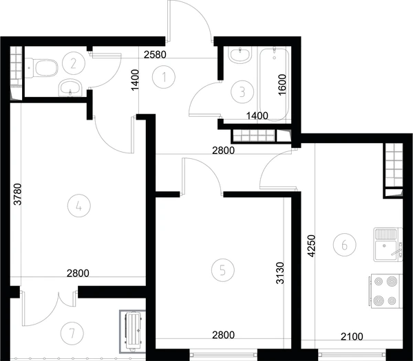 ЖК Nurli Makon в Нурафшане - 2-комнатная квартира 39,95 м², планировка, 2D