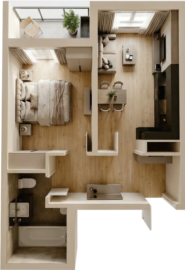 ЖК Nurli Makon в Нурафшане - 2-комнатная квартира 37,50 м², планировка