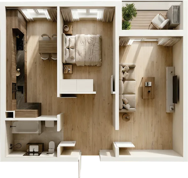 ЖК Nurli Makon в Нурафшане - 2-комнатная квартира 45,50 м², планировка