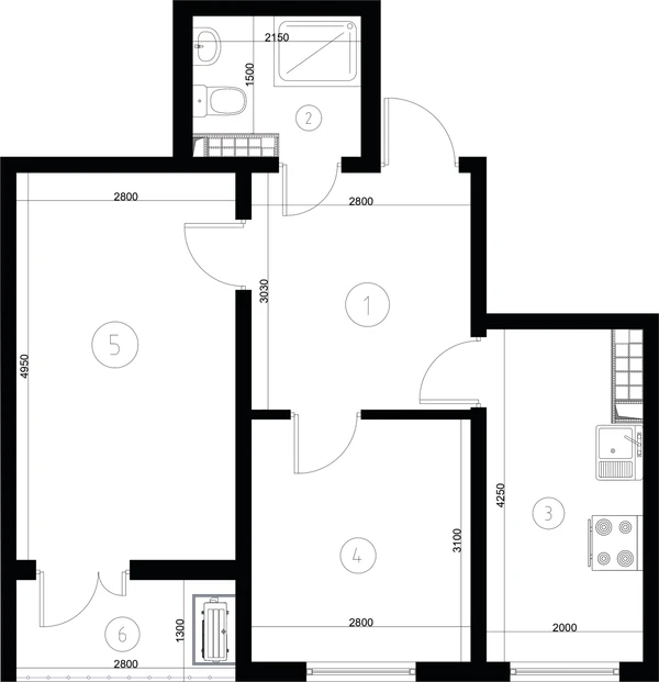 ЖК Nurli Makon в Нурафшане - 2-комнатная квартира 44,25 м², планировка, 2D